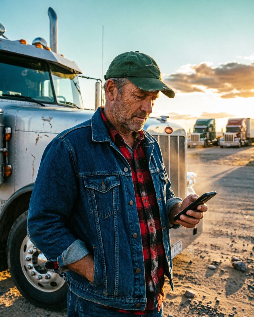 An owner-operator standing beside his truck at dusk, checking numbers on his phone