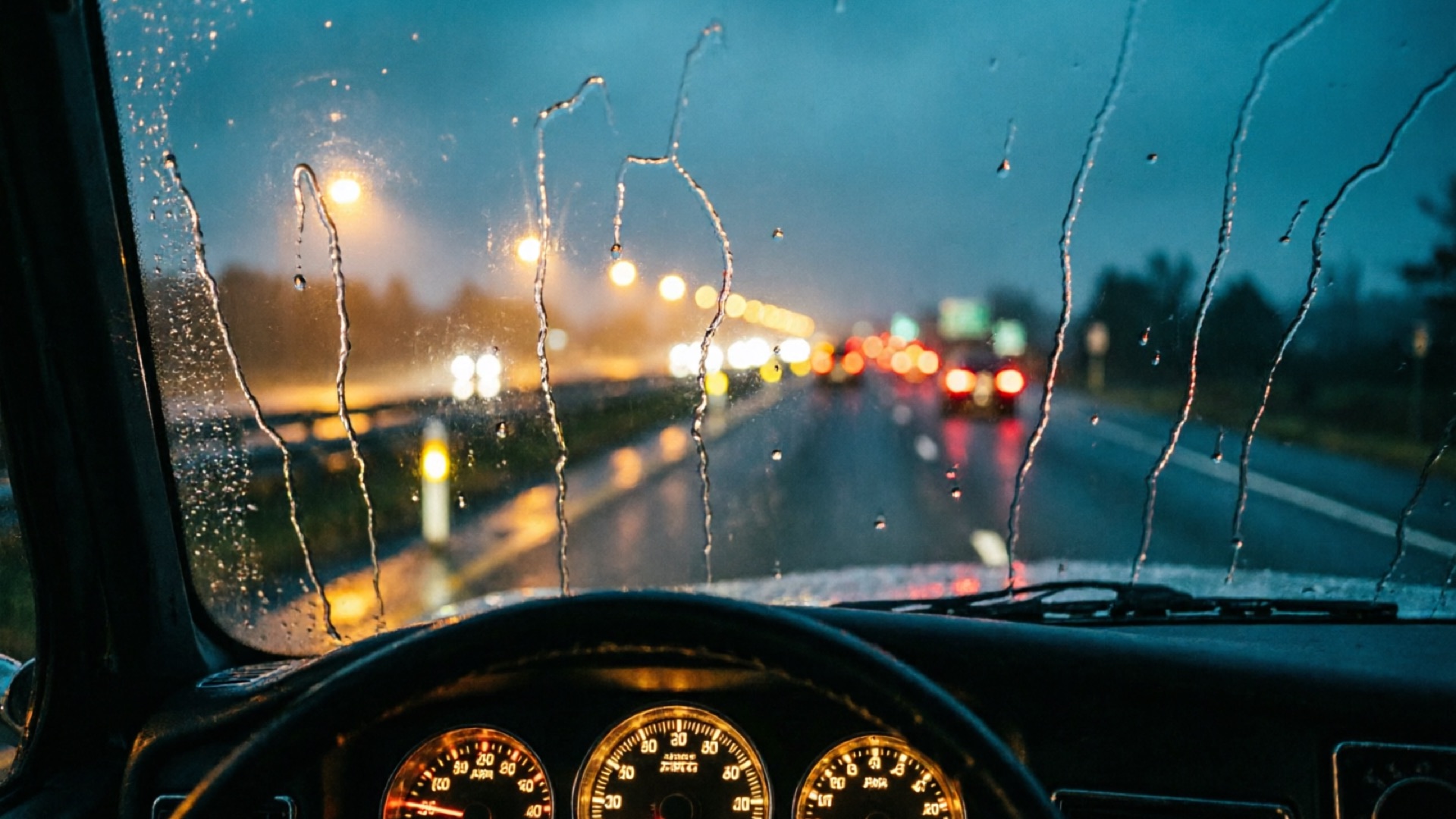 View from inside a truck cab at night on an open highway